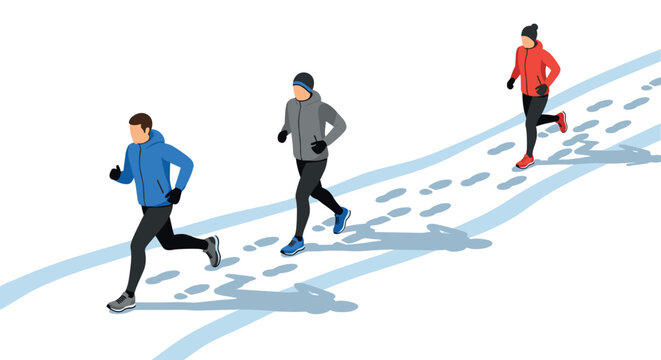 Isometric winter jogging people running on snow with footprints and shadows