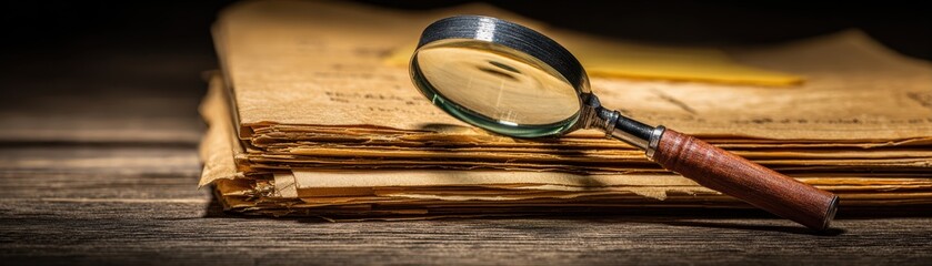 Close Up of Old Vintage Magnifying Glass Resting on Weathered Paperwork with Wooden Surface and Warm Lighting for Investigation or Research Theme