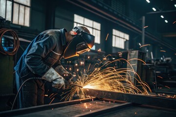 Welder working on metal with sparks flying in a dark industrial setting