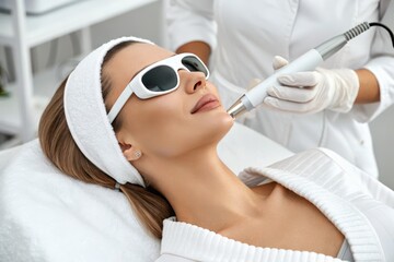 Woman receiving laser skin treatment for rejuvenation in a medical spa setting