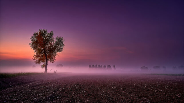 A lone tree stands in a field at dusk, bathed in a purple and orange sky. Image captures serene landscape with solitary tree as focal point, set against backdrop of vibrant sunset and misty field - Powered by Adobe
