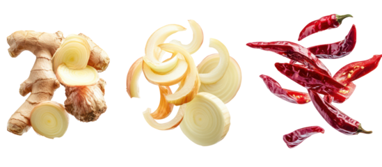 Fresh ginger root and dried chili peppers isolated on transparent background