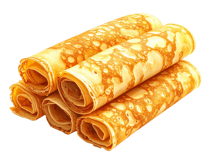 Pile de Crêpes Fines Roulées et Dorées, Vue de Côté, Isolée sur Fond Blanc