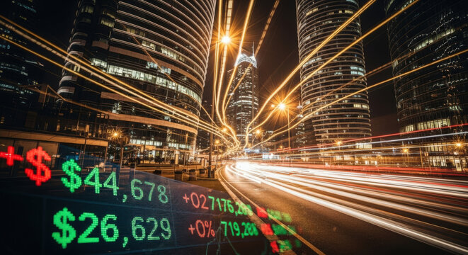 Cityscape at Night with Stock Market Ticker Displaying Financial Data and Economic Indicators Amidst Urban Traffic and Modern Architecture