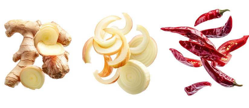 Fresh ginger root and dried chili peppers isolated on transparent background - Powered by Adobe