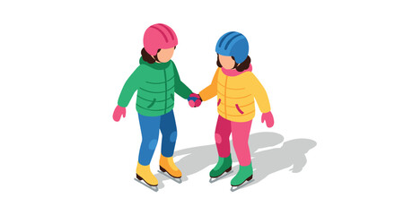 Isometric children ice skating in colorful winter gear on white background
