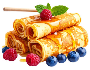 Cr&ecirc;pes Fines Roul&eacute;es Garnies d&rsquo;un Filet de Miel et de Fruits Rouges, Composition Gourmande, Isol&eacute;e PNG