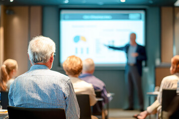 Obraz premium A group of people attentively watching a presentation in a conference room, focusing on a speaker and a visual display of graphs and data.