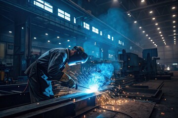 Welder working in a dark industrial setting with sparks and smoke around him