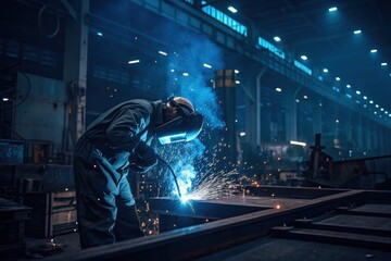 Welder at work in a large industrial facility with sparks and blue light