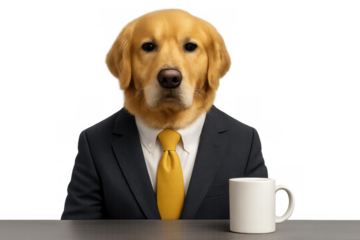 Golden retriever dog in business suit with yellow tie, working in office, headshot portrait with transparent background
