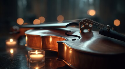 Fototapeta premium Soft glow of candles highlights a beautiful violin resting on a dark table