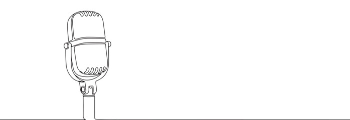 Continuous line drawing of a microphone, symbolizing music, speech, recording, and communication, isolated on a white background.