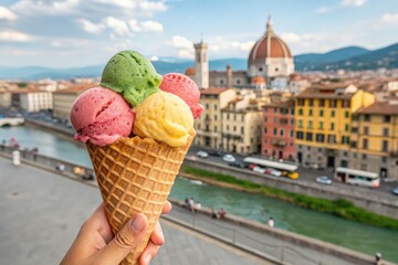 A delicious ice cream cone with florence cityscape in the background on a sunny day