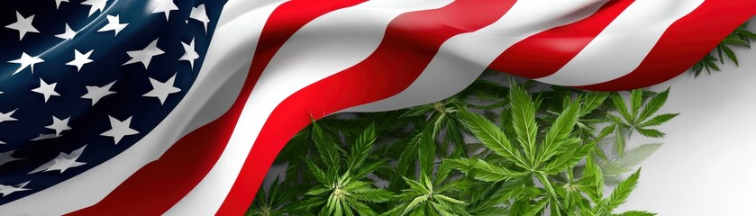 Close-up of American flag with stars and stripes draped alongside lush green cannabis leaves on a white background