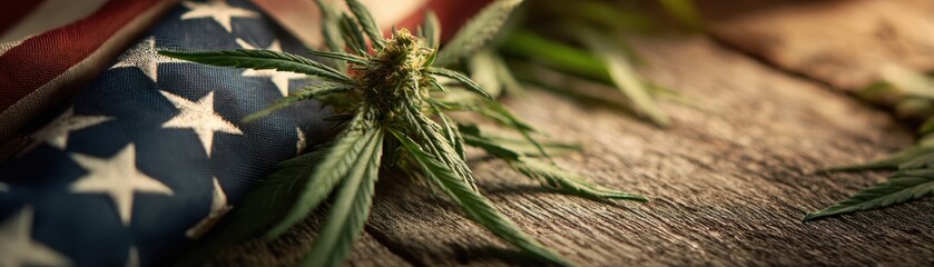 Close up of cannabis plant with mature buds and leaves on rustic wooden surface with American flag fabric in background