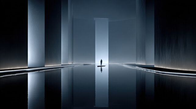 Solitary figure stands in a surreal, ethereal space, bathed in soft light and reflection. Image depicts a person in minimalist environment with reflective surface, creating sense of depth and mystery