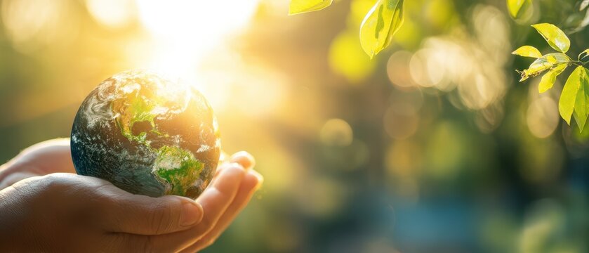 Hand holding a small detailed model of Earth with sunlight shining through leaves in a natural outdoor setting symbolizing environmental awareness and sustainability