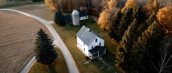 Naklejka premium A classic red tractor is parked on a vibrant green lawn beside an old barn and a beautiful autumn tree, showcasing seasonal colors