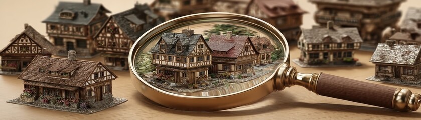 Vintage miniature house models with intricate details and an antique magnifying glass highlighting a cozy neighborhood scene on wooden surface