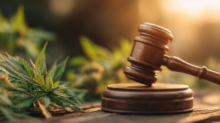 Wooden gavel resting on sound block with cannabis plant and leaves in natural outdoor setting under warm sunlight