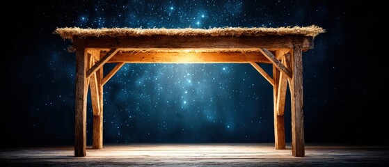 Vintage wooden manger scene with straw roof illuminated by starry night sky background for Christmas nativity display
