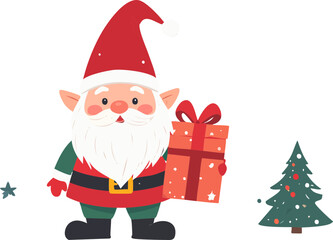 A cute cartoon gnome dressed as Santa Claus holding a gift next to a Christmas tree.