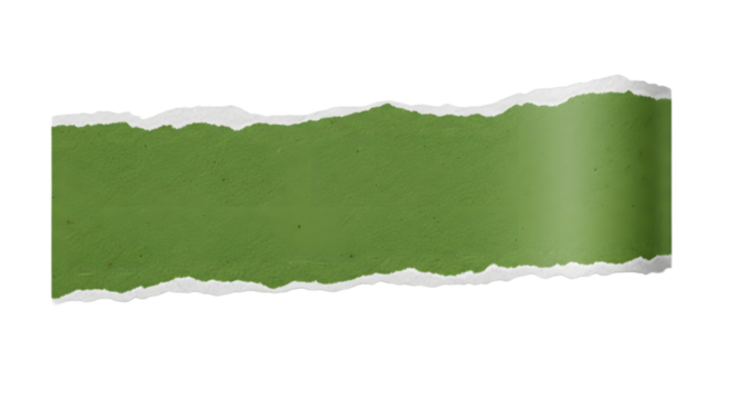 Green torn paper with rough edges isolated on transparent background, for design