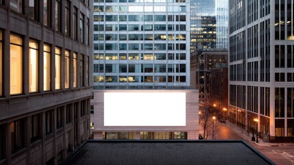 Urban cityscape with tall modern glass buildings and illuminated du dusk with empty billboard in foreground