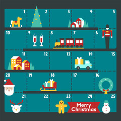Flat Icon Advent Calendar with Christmas Train Santa Gifts Holiday Elements Minimal Winter