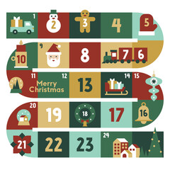Modern Advent Calendar with Curved Block Layout Christmas Icons Warm Festive Color Palette Winter