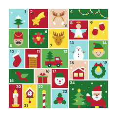 Snowy Retro Advent Calendar with Cozy Christmas Icons Winter Village Festive Blocks Cute Holiday