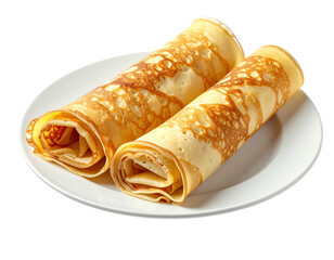  Trois Cr&ecirc;pes Fines Roul&eacute;es Align&eacute;es sur Assiette Blanche, Style Minimaliste, Isol&eacute;es sur Fond Blanc