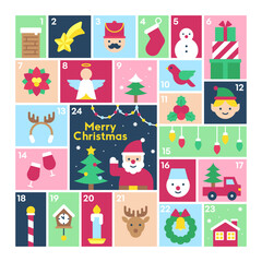 Bright Pastel Holiday Advent Calendar with Christmas Icons Playful Winter Characters Gift Blocks