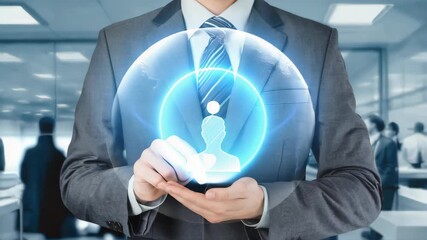 businessman in dark suit holding a glowing holographic human icon with group of people in the background - Powered by Adobe