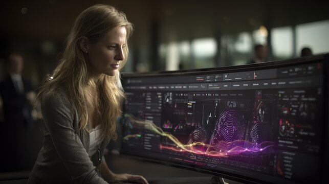 Woman Working on Data Analysis and Visualization Using Computer Screen with Scientific Graphs and Digital Charts - Powered by Adobe