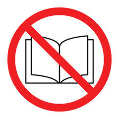 No reading books vector icon. Open book silhouette crossed with red prohibition circle. Library or classroom restriction sign for quiet or exam areas.