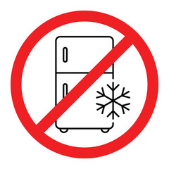 No refrigerator vector icon. Fridge with snowflake crossed by red prohibition circle. Cold storage restriction or no freezing sign for packaging and transport.