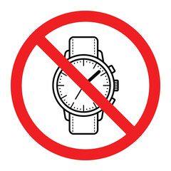 No wristwatch vector icon. Analog watch silhouette crossed with red prohibition circle. Timepiece restriction or no accessories sign for exams or security checks.