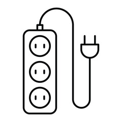 Power strip vector icon. Electrical extension cord with three outlets and plug. Black line art style for electricity, safety, or energy design.