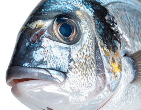  Tête de Dorade Royale en Gros Plan, Texture Métallique et Regard Brillant, Isolée PNG