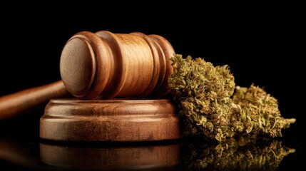Close up of wooden judge gavel with cannabis buds on dark background for legal medical marijuana concept