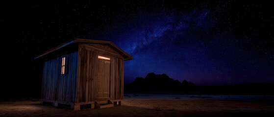 Remote wooden beach hut under a starry night sky with mountains in the background at tranquil seaside location