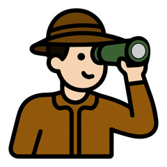 Cartoon explorer with binoculars searching for adventure in the wild.