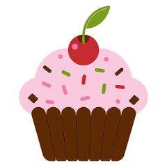 Colorful Cupcake with Cherry Topping and Sprinkles Illustration.