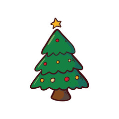 A cartoon illustration of a green Christmas tree with ornaments and a star on top.