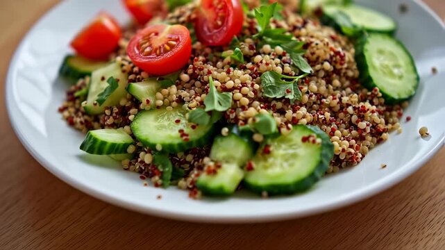 Healthy and Delicious Quinoa Salad with Fresh Cucumbers and Tomatoes.