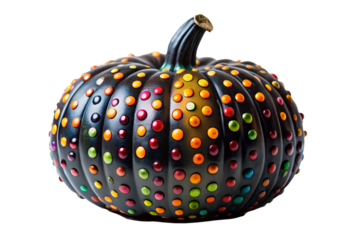 A uniquely decorated black pumpkin with vibrant, multicolored raised dots in a rainbow pattern, a modern artistic take on Halloween decor isolated on a white background