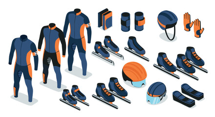 Isometric speed skating gear set with skates, helmets, and suits