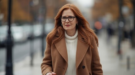 Obraz premium A stylish woman with long red hair walks confidently down a city street, wearing glasses and a cozy outfit, embodying urban fashion and elegance.